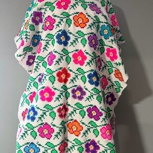Colorful Floral Cross Stitch Pattern Fabric Poncho